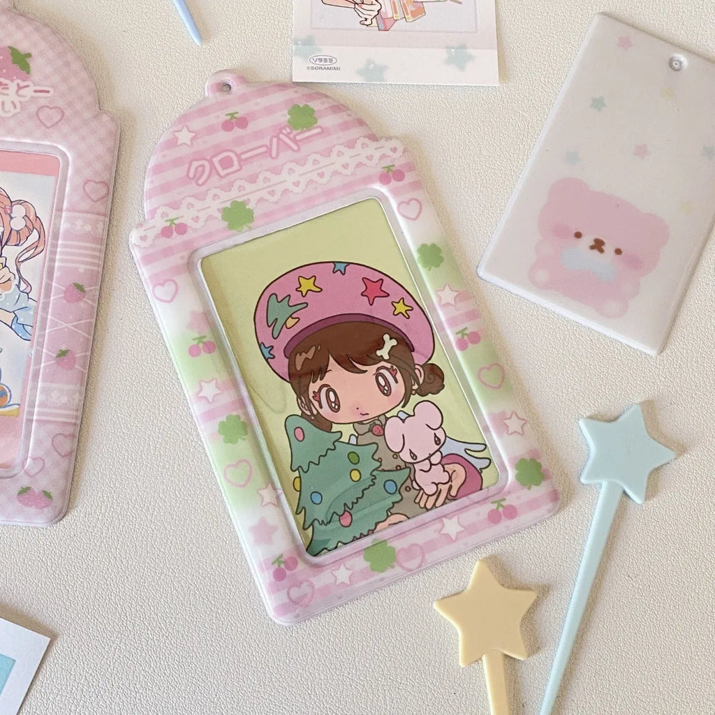PVC cartoon meal card holder in strawberry or four-leaf clover design, 7.6 by 13.6 cm.