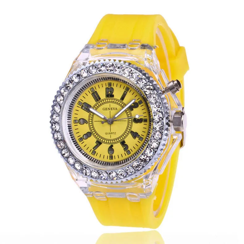 Women's LED luminous watch with round 43mm dial and silicone strap in various colours
