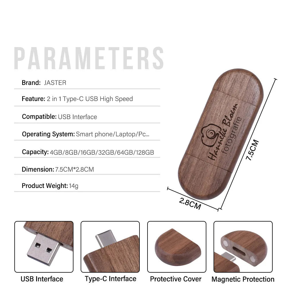 Maple wooden USB flash drive with Type-C connector on a wooden surface.