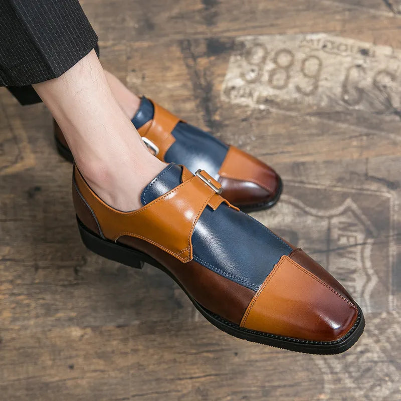Men's brown blue and black British retro buckle casual leather shoes with tall crown design