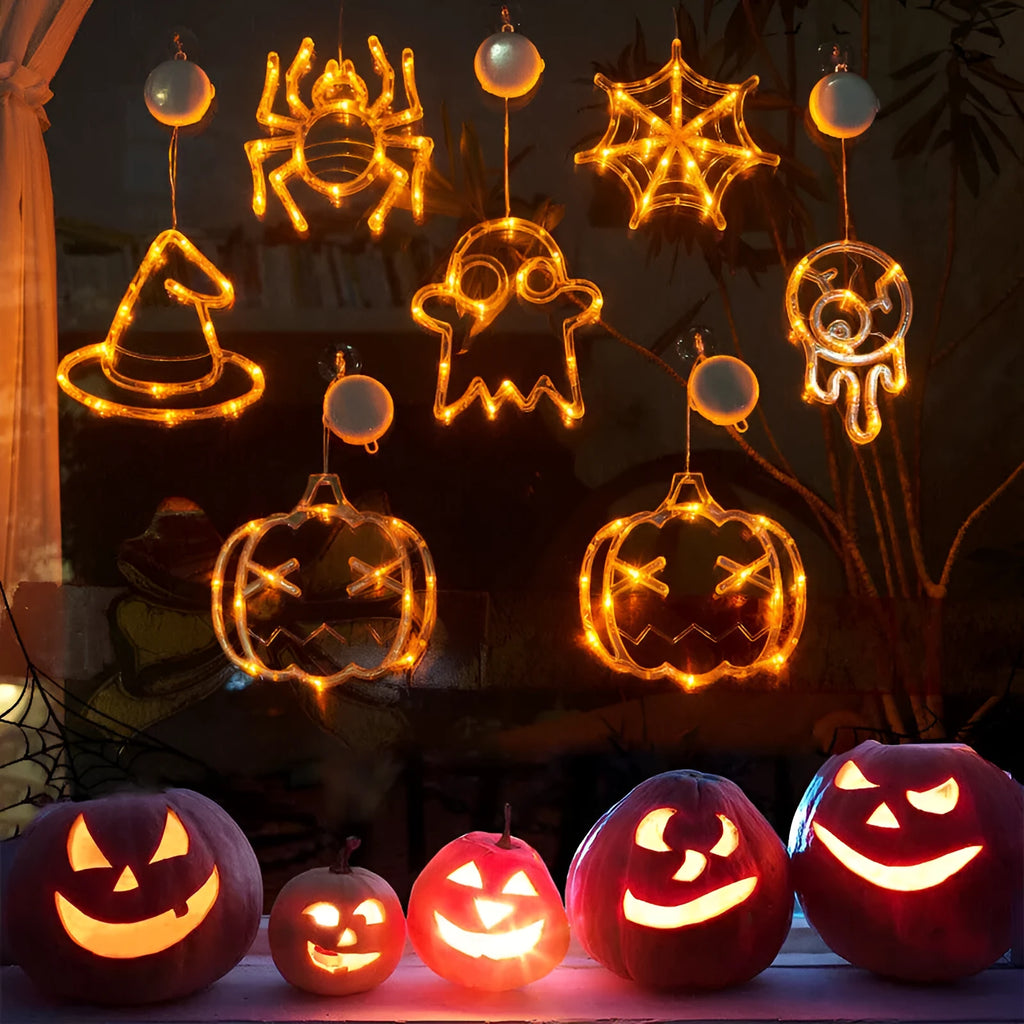 Halloween window hanging LED lights set with spider and pumpkin designs using suction cup installation