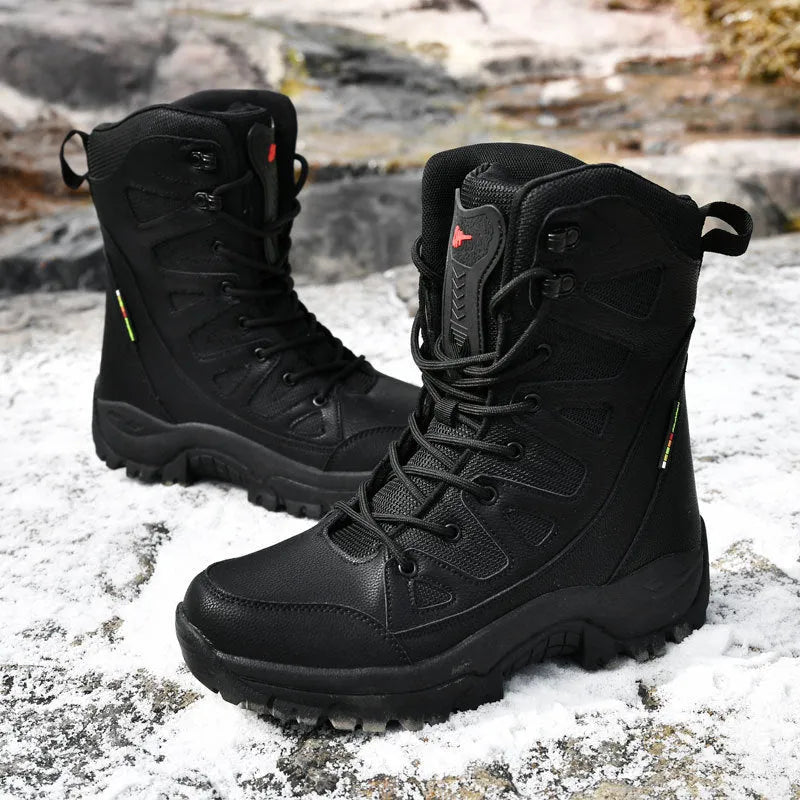 Hi-top hiking shoes with cowhide fabric construction available in black, brown, and beige colours