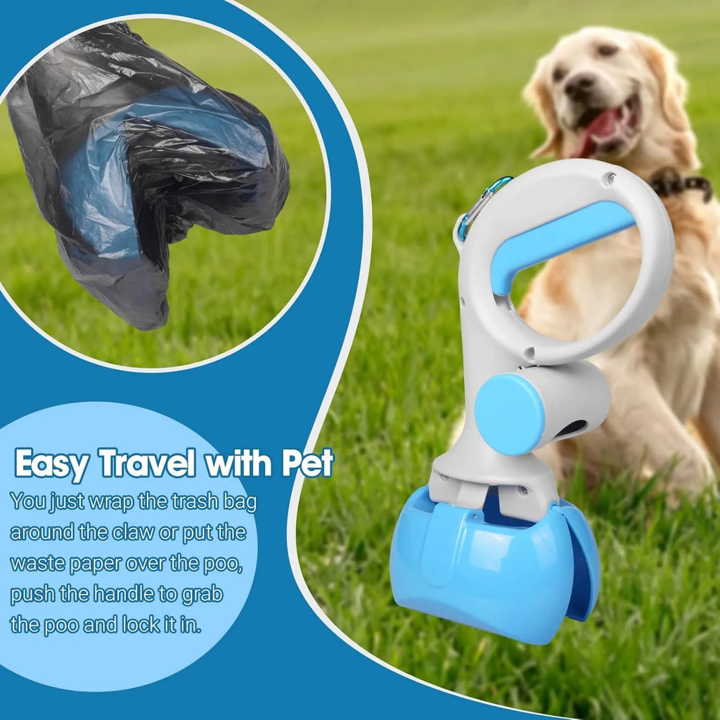A heavy-duty ABS plastic pet pooper scooper with a built-in trash bag holder and top carry hook.