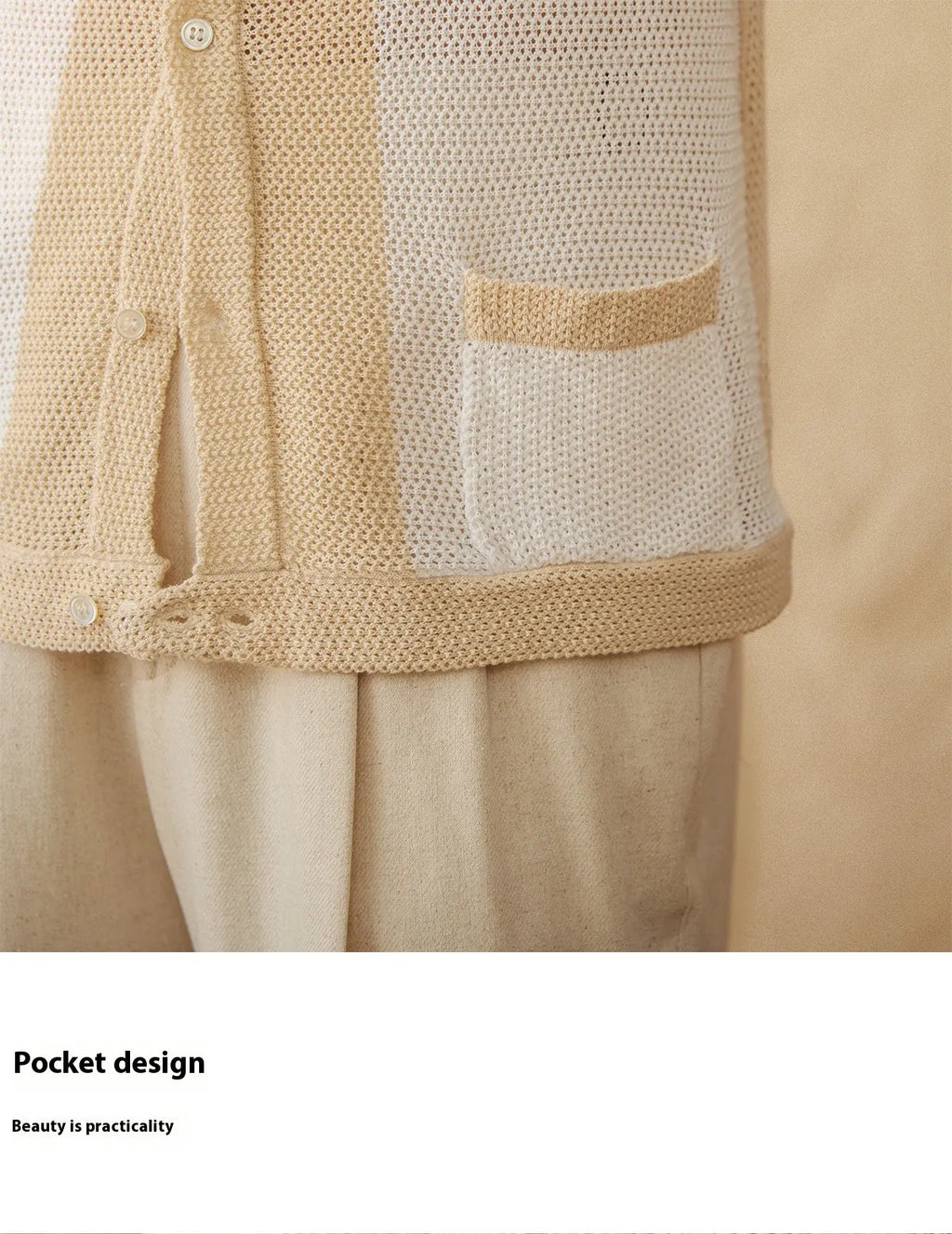Hollow cotton linen lapel short sleeve cardigan knitted top in beige and chocolate colours on white background
