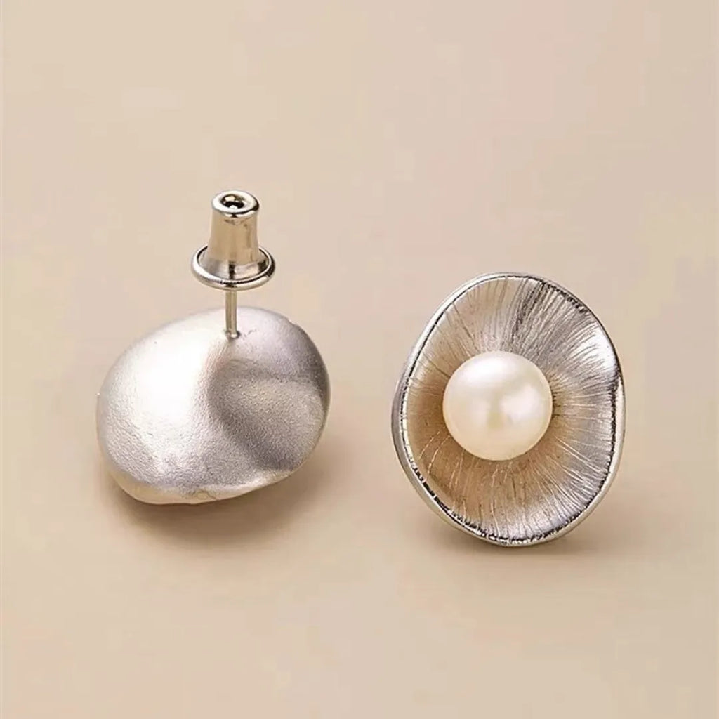 Pearl sterling silver geometric earrings with gold electroplated finish
