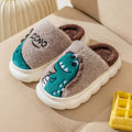 A pair of warm cotton plush couple slippers with a thickening design in a dinosaur-themed colour.