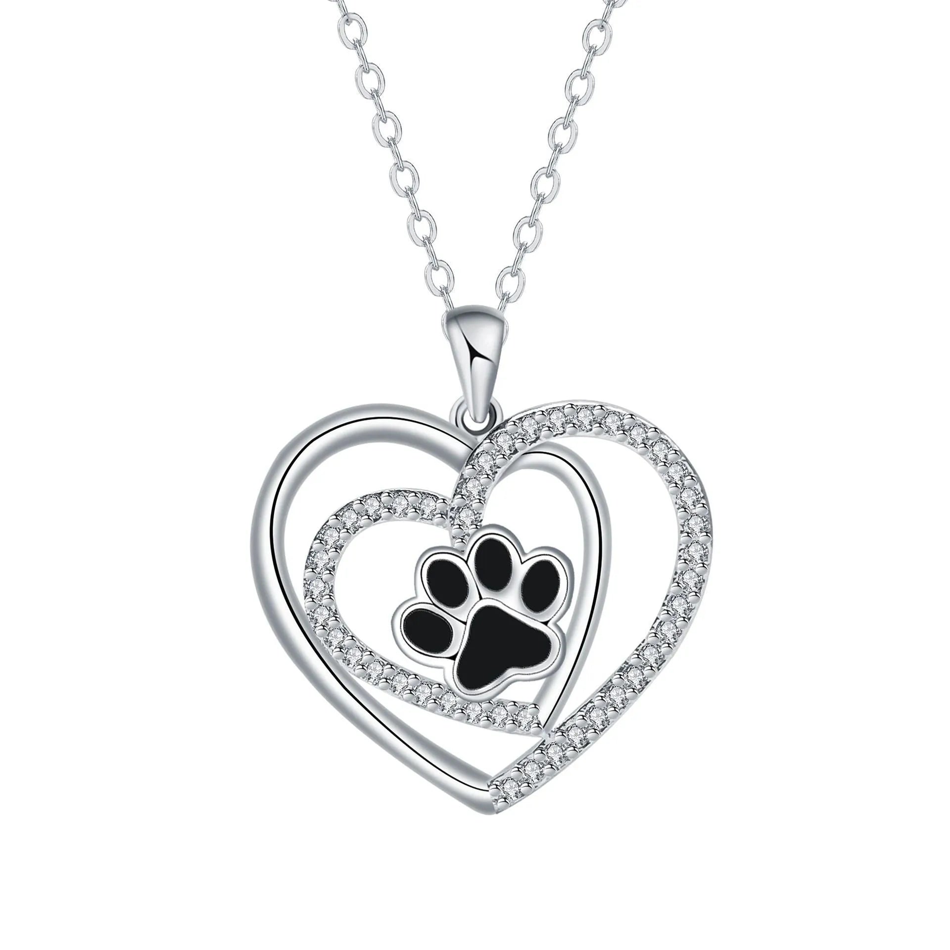 Copper heart pendant necklace with dog paw print detail on a cross chain.