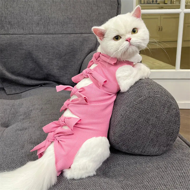 Lace-up cat sterilisation clothing in pink, purple, blue, brown or green pineapple colours with adjustable closure