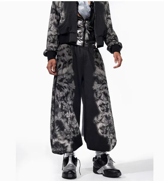 Men's street trend printed loose trousers and hoodie three-piece set in polyester fabric