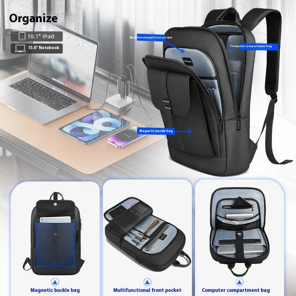 Black Oxford cloth men's backpack with sewing line detailing for daily commute