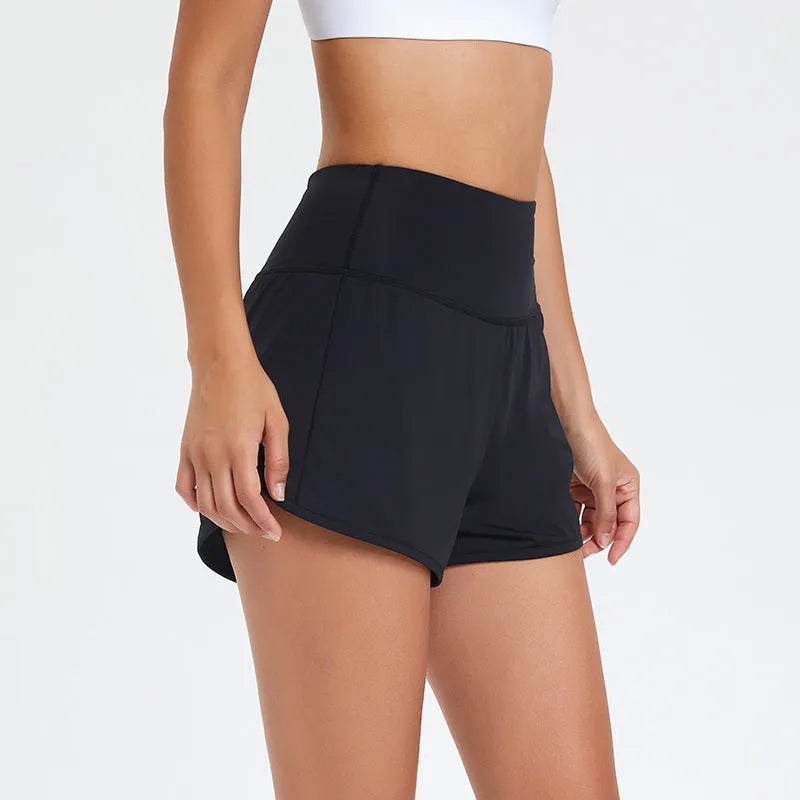 Women's black nylon fitness shorts with high waist quick-drying design for summer sports