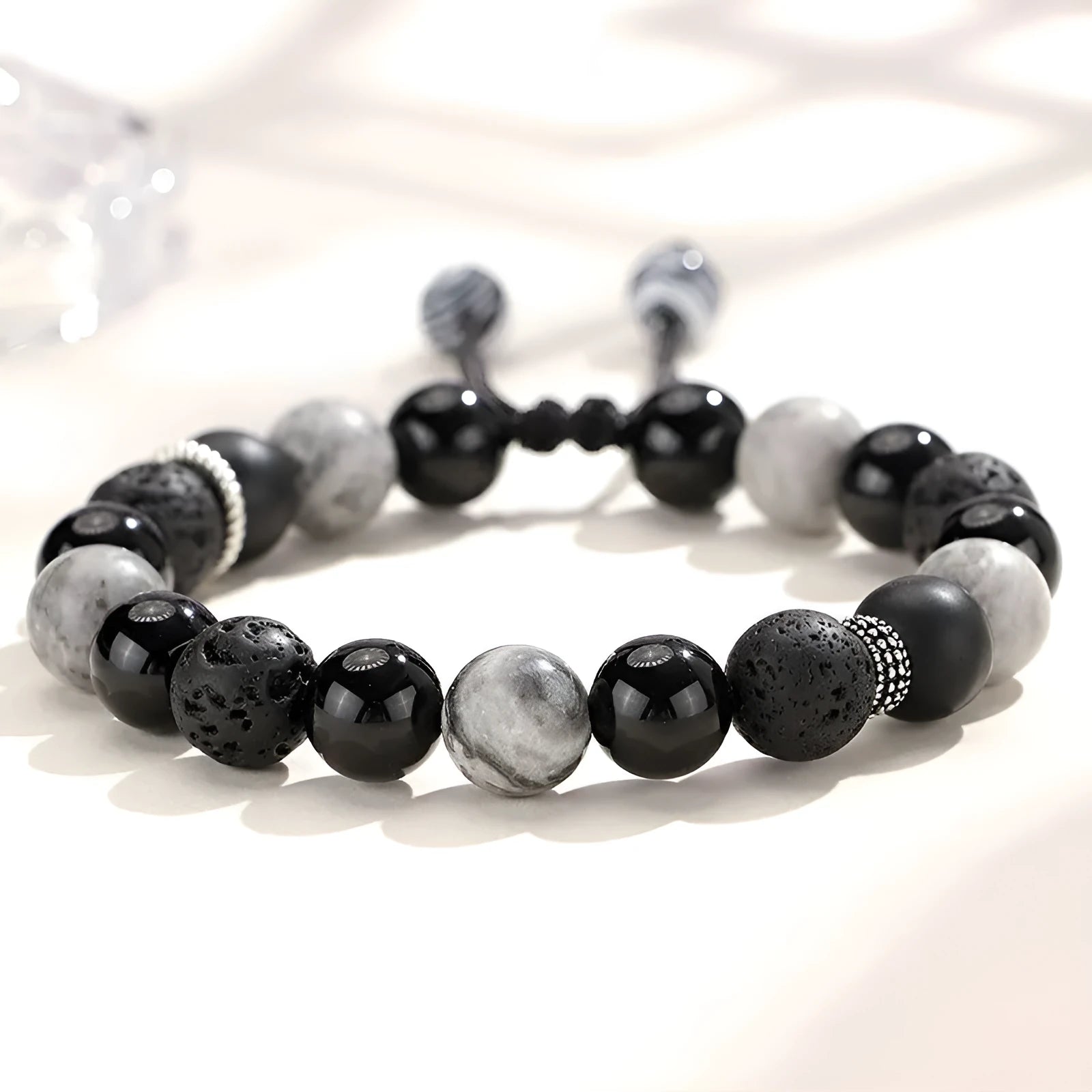 Black agate map stone and volcanic rock unisex bracelet with diamond-shaped beads, electroplated finish, 8mm and 10mm options