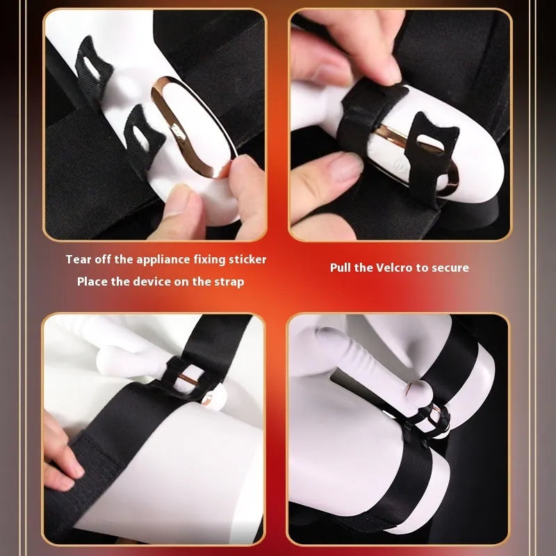 Black knitted belt strap for adult toy tools on a neutral background.