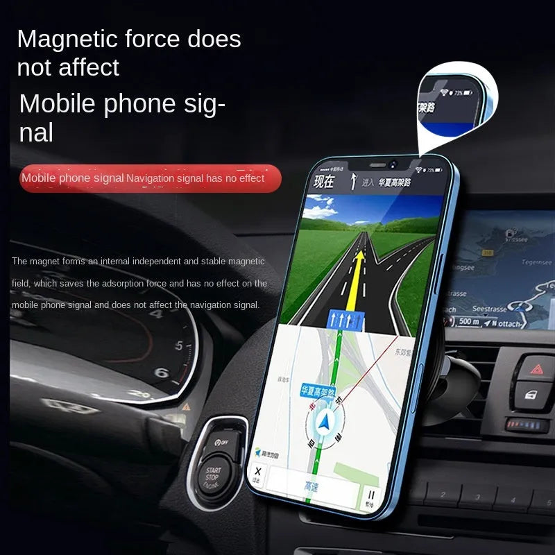 Black aluminium alloy magnetic car phone holder attached to car air vent