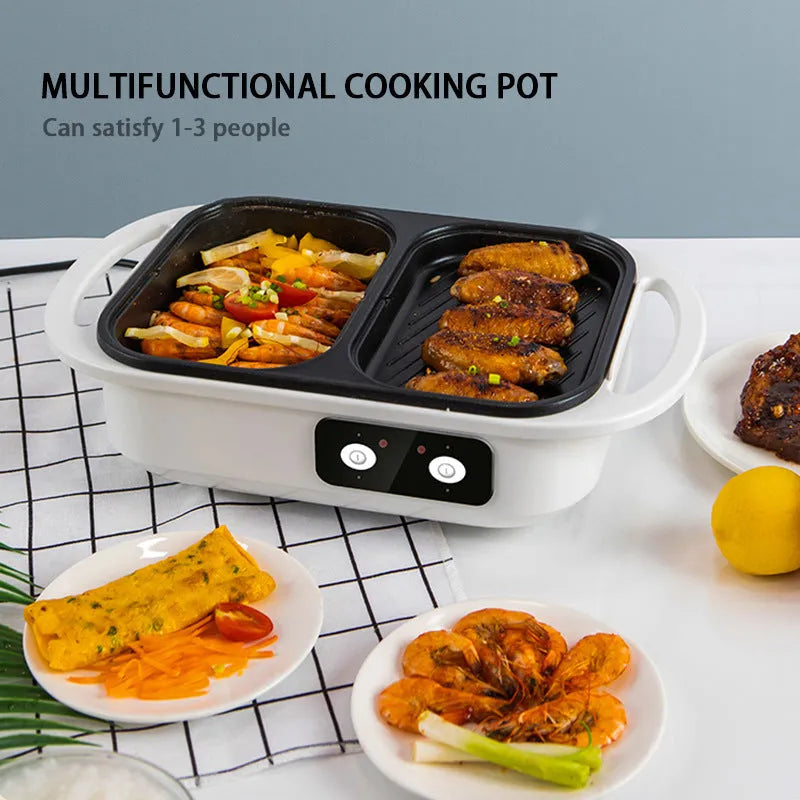 Green and white dual-use electric hot pot and frying oven appliance on a kitchen counter.