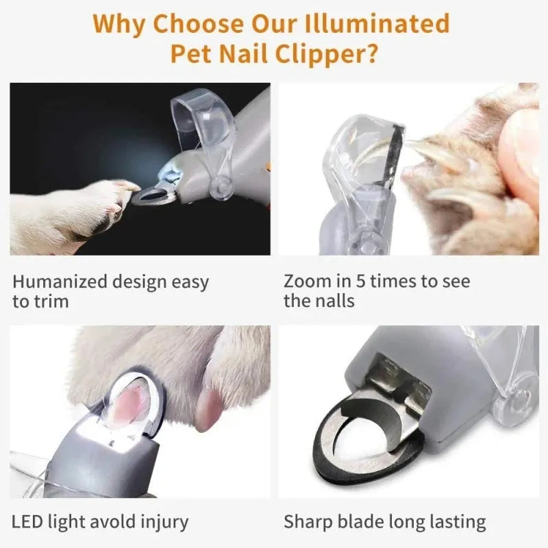 Yellow pet nail clipper with built-in LED light and magnifying feature for dogs and cats.