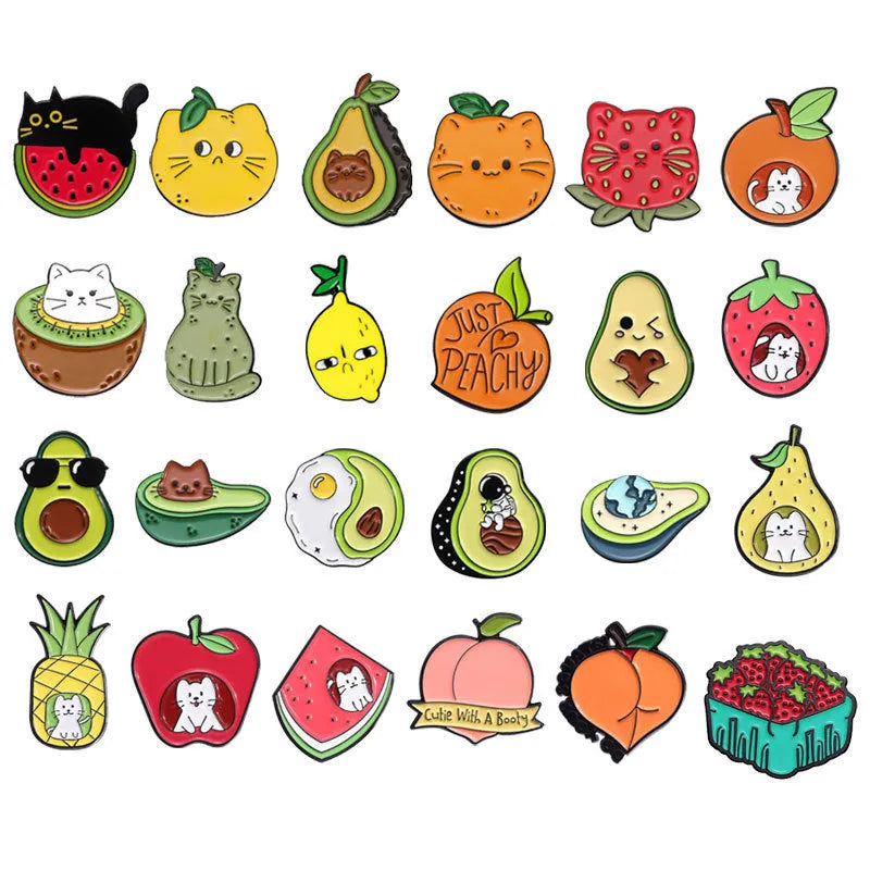 Colourful cartoon fruit shaped letter brooch made from metal zinc alloy with a pin back.