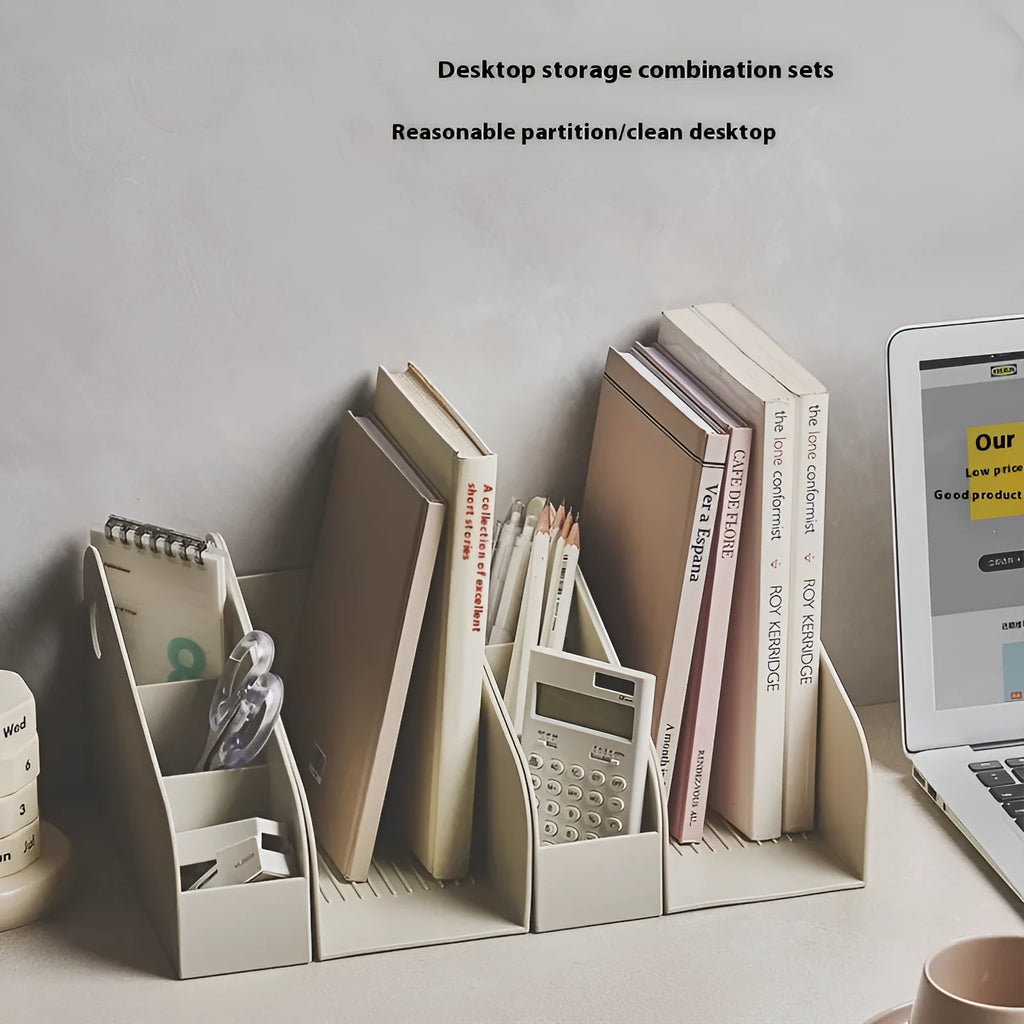 Plastic desktop storage box set with two-tier grid compartments in Milk Coffee colour