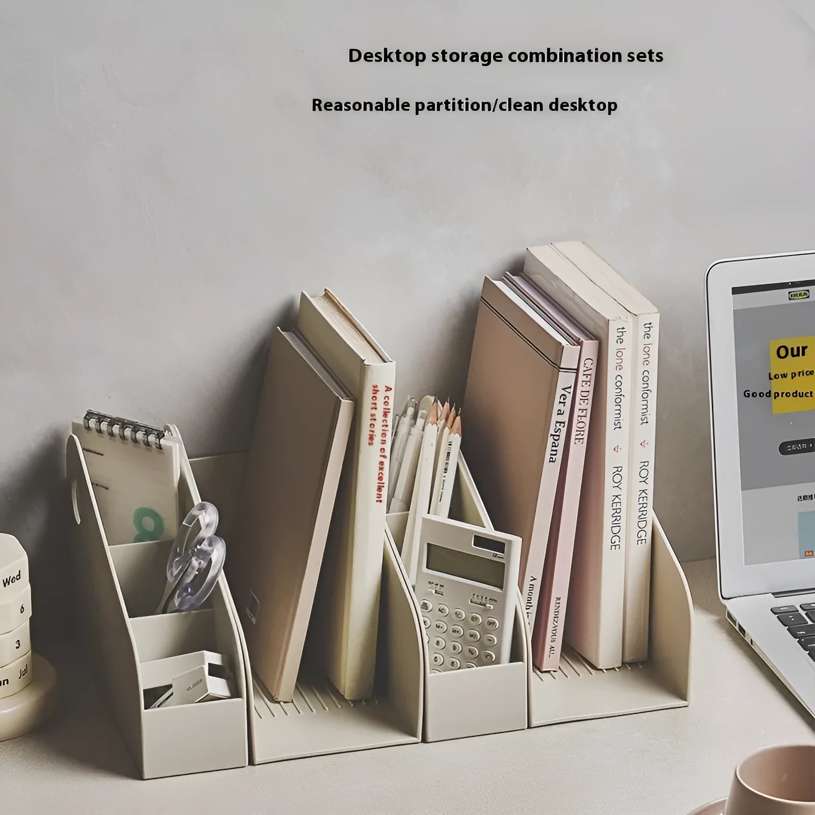 Plastic desktop storage box set with two-tier grid compartments in Milk Coffee colour