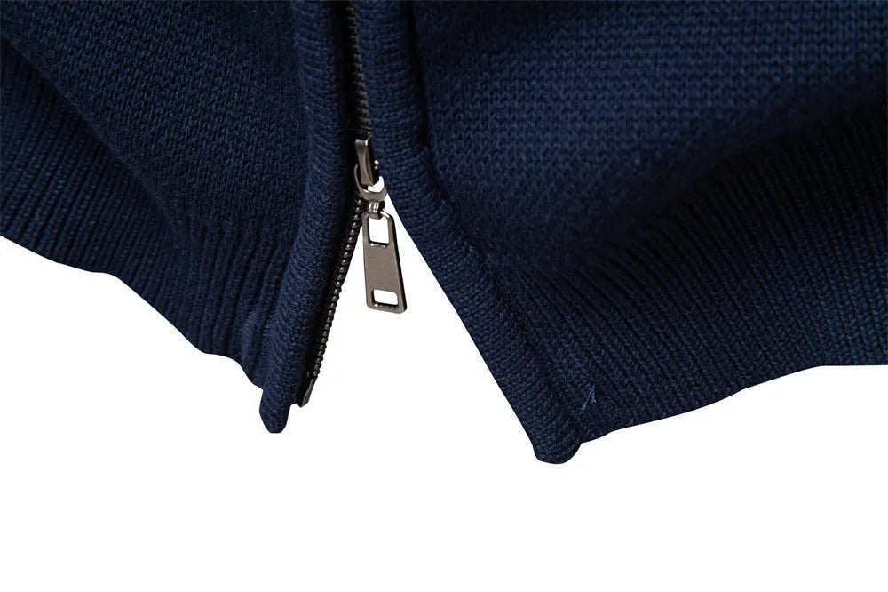 Men's cotton zipper knitted jacket in apricot with slim fit and collar, front view