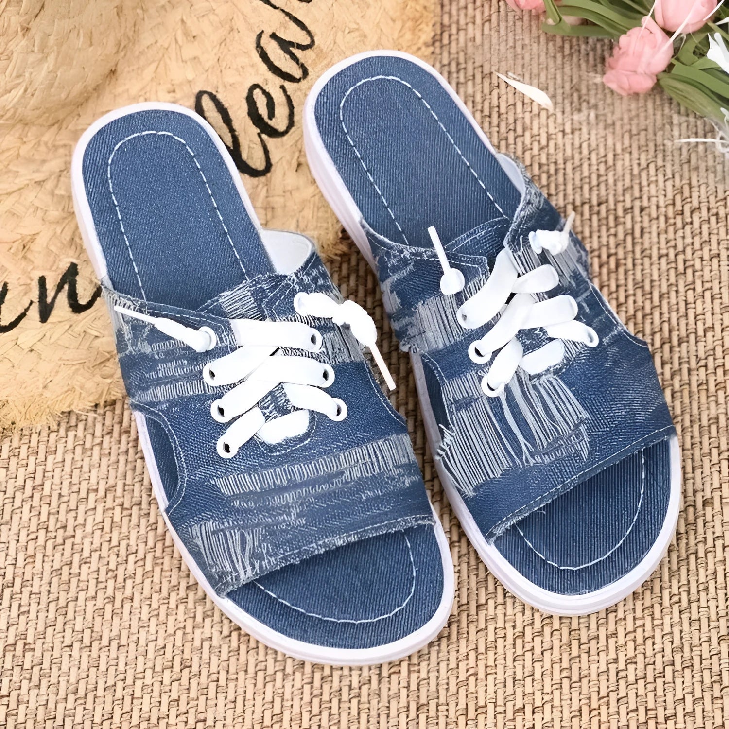 Blue Roman style women's flat canvas slippers with cloth lining and rubber sole