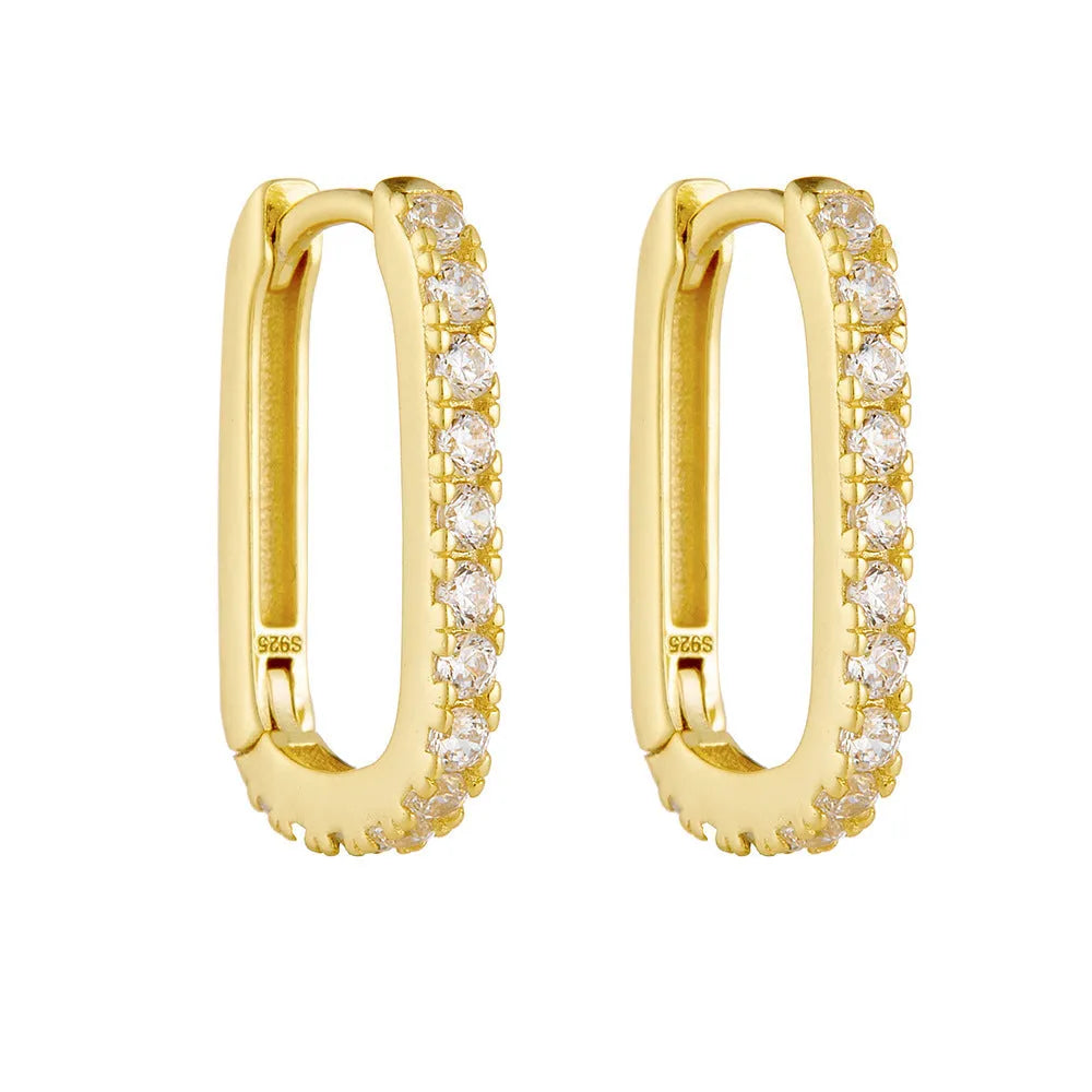 S925 sterling silver oval zircon earrings with ear clip fastening in geometric design