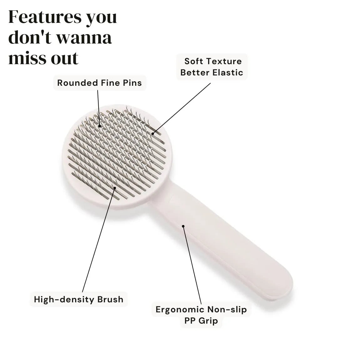 Self-cleaning slicker brush for pet grooming with blue handle and stainless steel pins