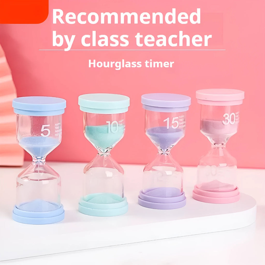 Glass sand clock timer with blue sand showing 30 minute duration on a white surface