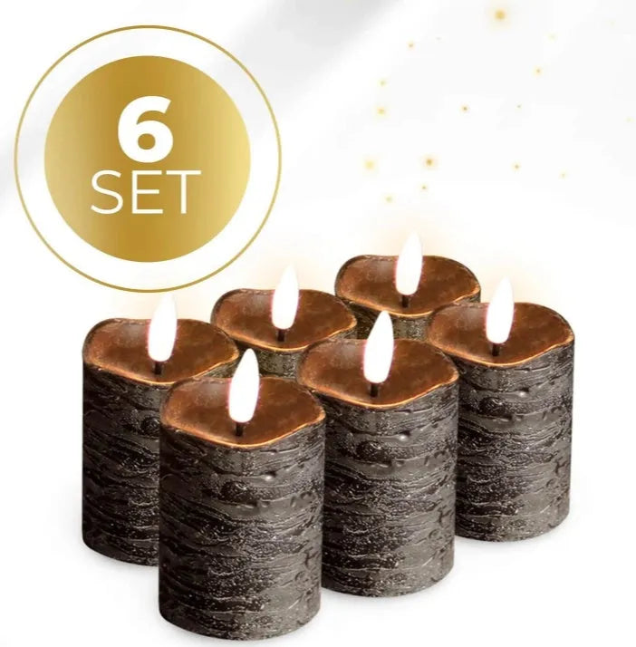 Black S6 LED pillar candle measuring 5cm wide and 7cm tall on a surface.