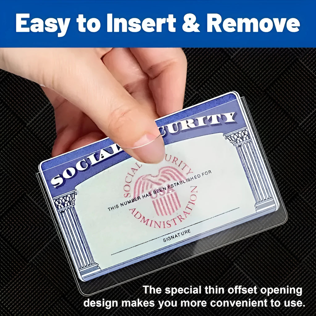 Clear PVC waterproof card holder for social security and ID cards measuring 9.7 by 5.9 centimetres.