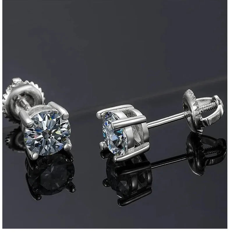 Silver screw fastening moissanite stud earrings with geometric 7mm design and four claw setting