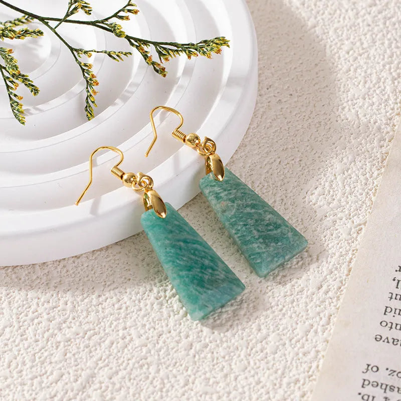 Amazonite rough stone trapezoid dangle earrings with gold or silver metal settings.
