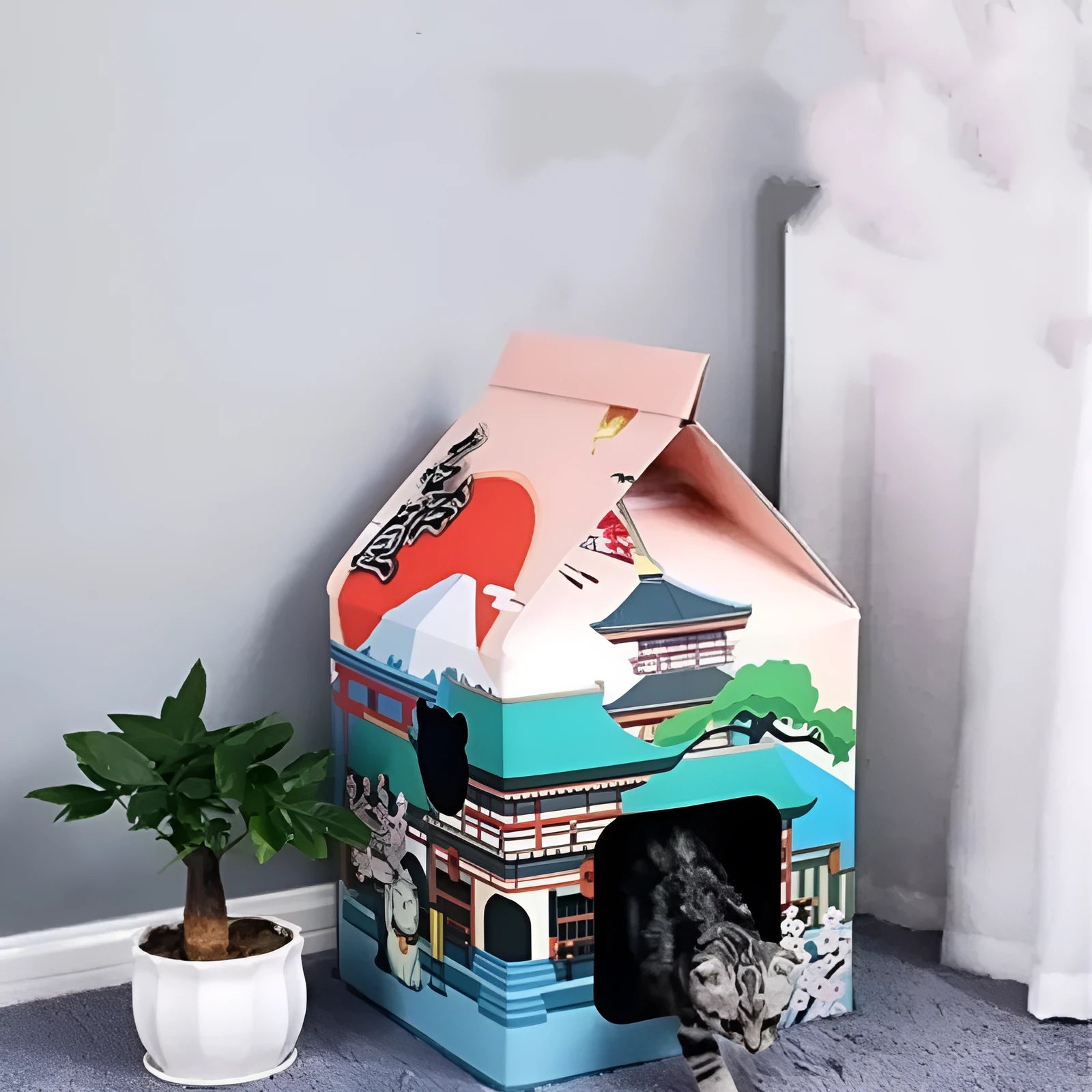 Foldable corrugated paper cat scratching board with Nagoya design serving as dual-purpose cat nest bed