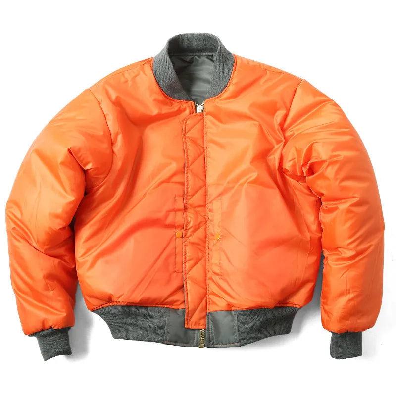 Men's Army Green loose fit cotton-padded pilot jacket with workwear styling on a hanger.