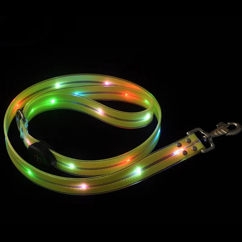 Luminous dog leash in fluorescent green with hand-holding lead and PVC rope construction on white background
