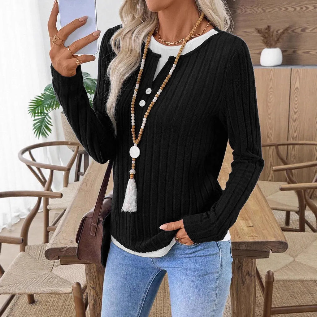 Women's black fake two-piece round neck button pullover sweater with grinding design
