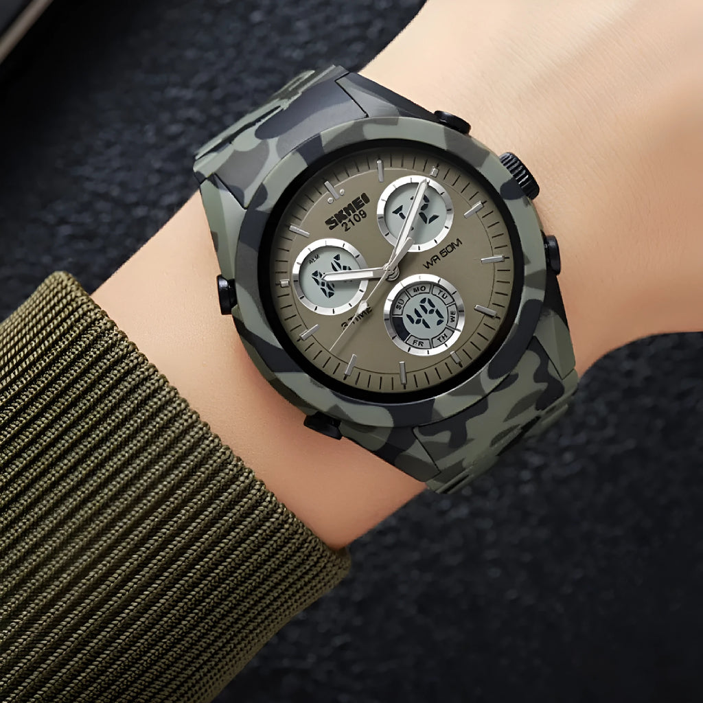 Men's and women's electronic casual watch with camouflage strap showing 50m waterproof rating.
