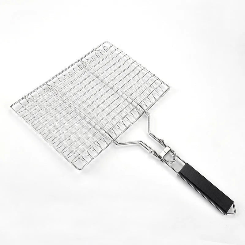 Square stainless steel folding barbecue mesh basket with a cleaning brush for outdoor grilling