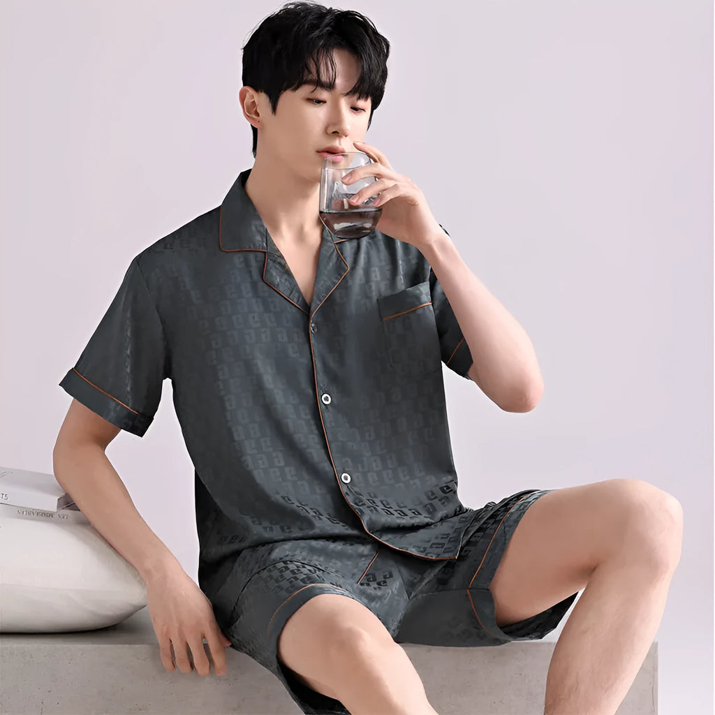Men's ice silk pyjama set with cardigan top and short trousers in satin jacquard pattern