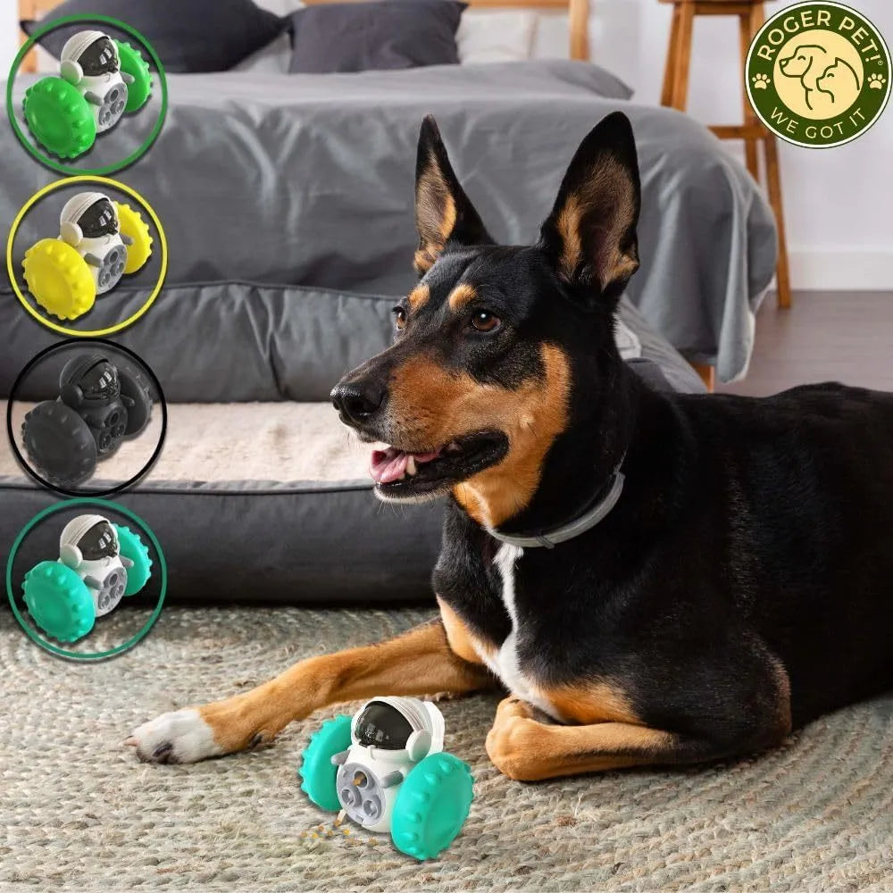 Self-balancing dog treat dispenser toy in multiple colours with robot design for small pets