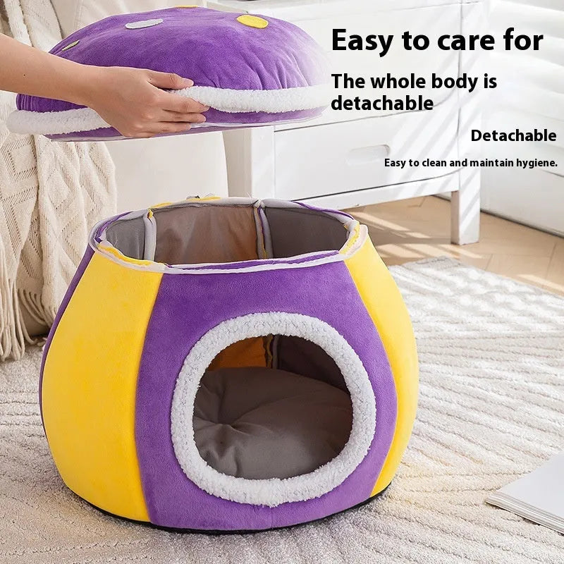 Mushroom-shaped grey plush cat bed with enclosed nest design.