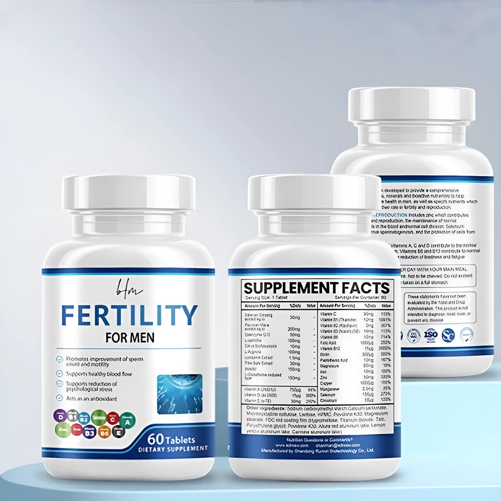 Bottle of male fertility tablets with 60 tablets for reproductive support