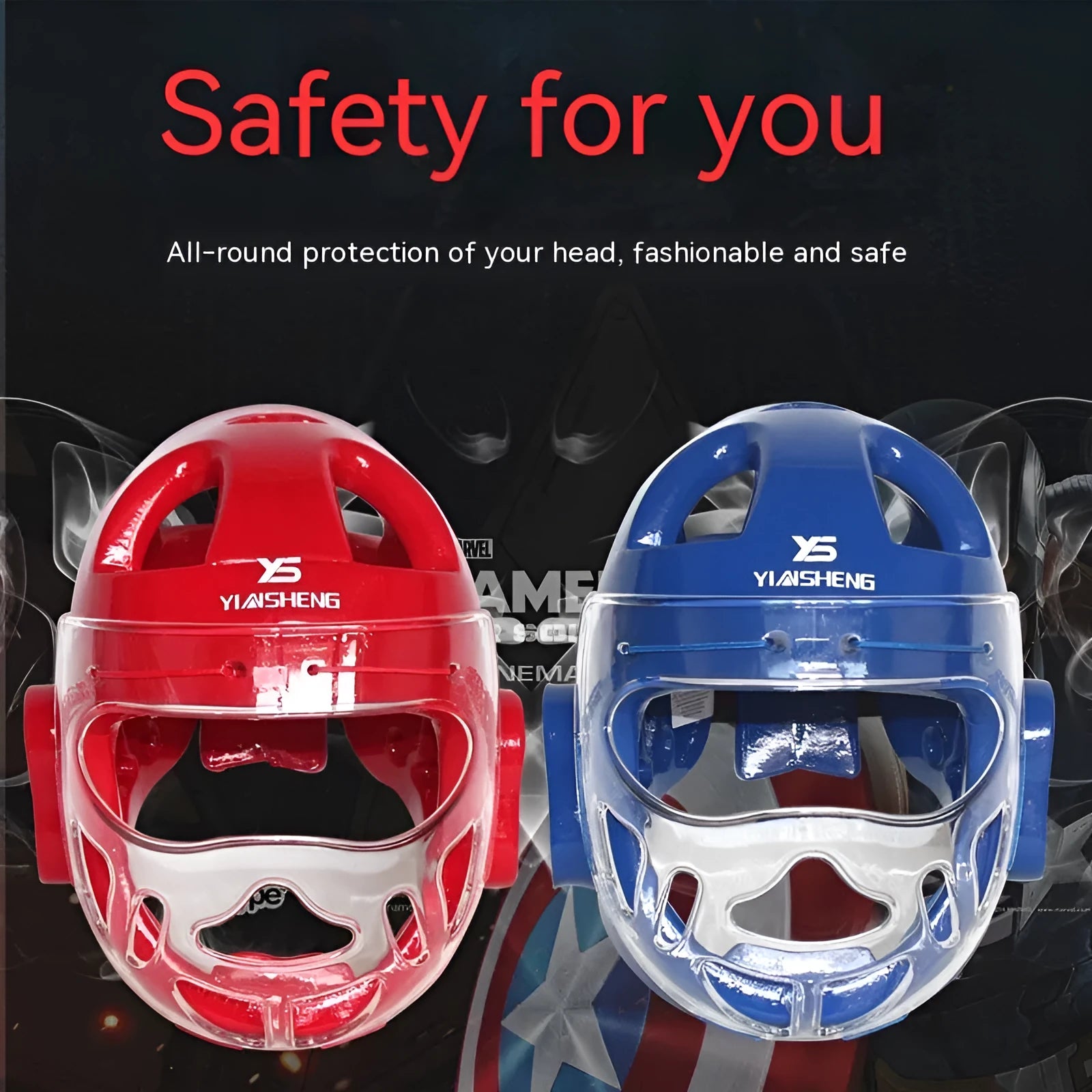 Karate helmet protective equipment in white, blue, and red colours available in multiple sizes