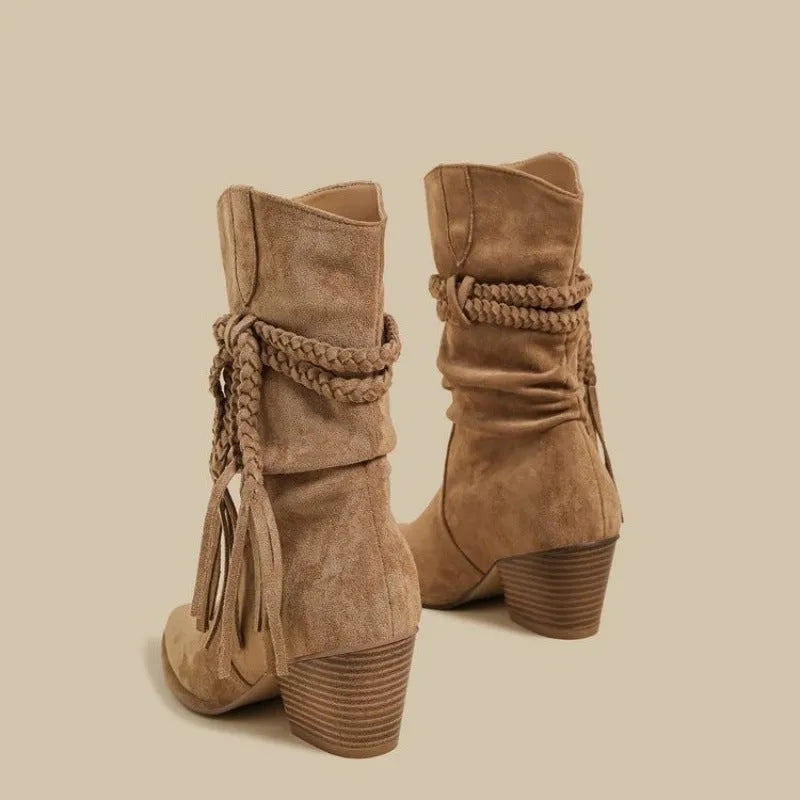 Women's tassel hemp rope cowboy boots in brown cowhide leather with pointed toe and chunky heel