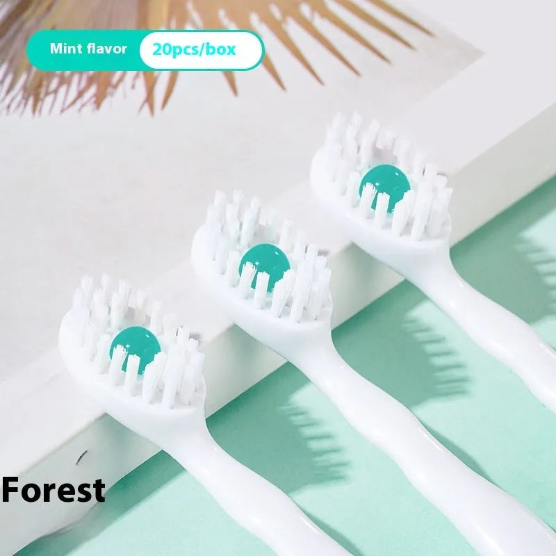 Box of disposable bead toothbrushes showing mint, peach, and plum green tea flavour options.