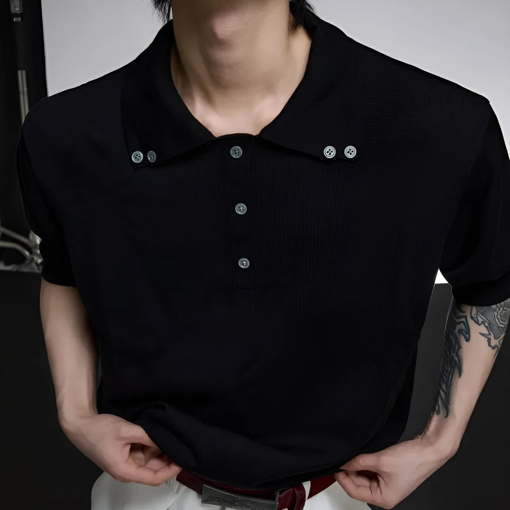 Men's black short sleeve shirt with a double lapel collar and loose fit.
