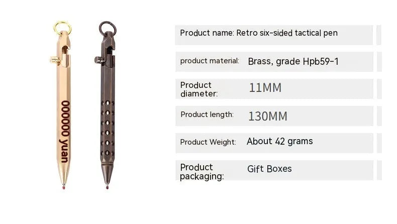 Hexagonal brass bolt action pen showing six-sided barrel and bolt mechanism