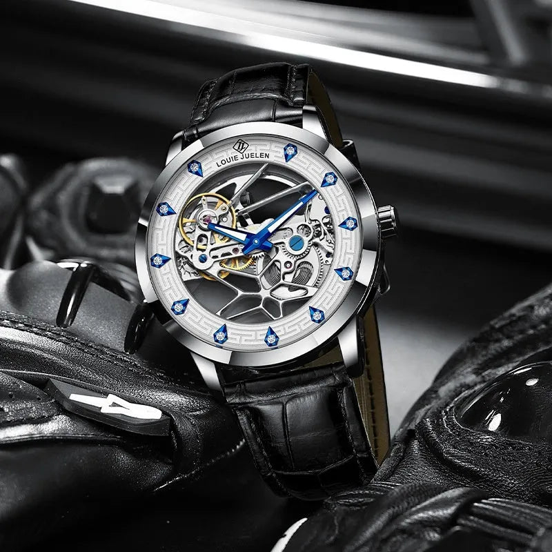 Men's silver stainless steel mechanical watch with white dial, blue luminous hands, and black leather strap