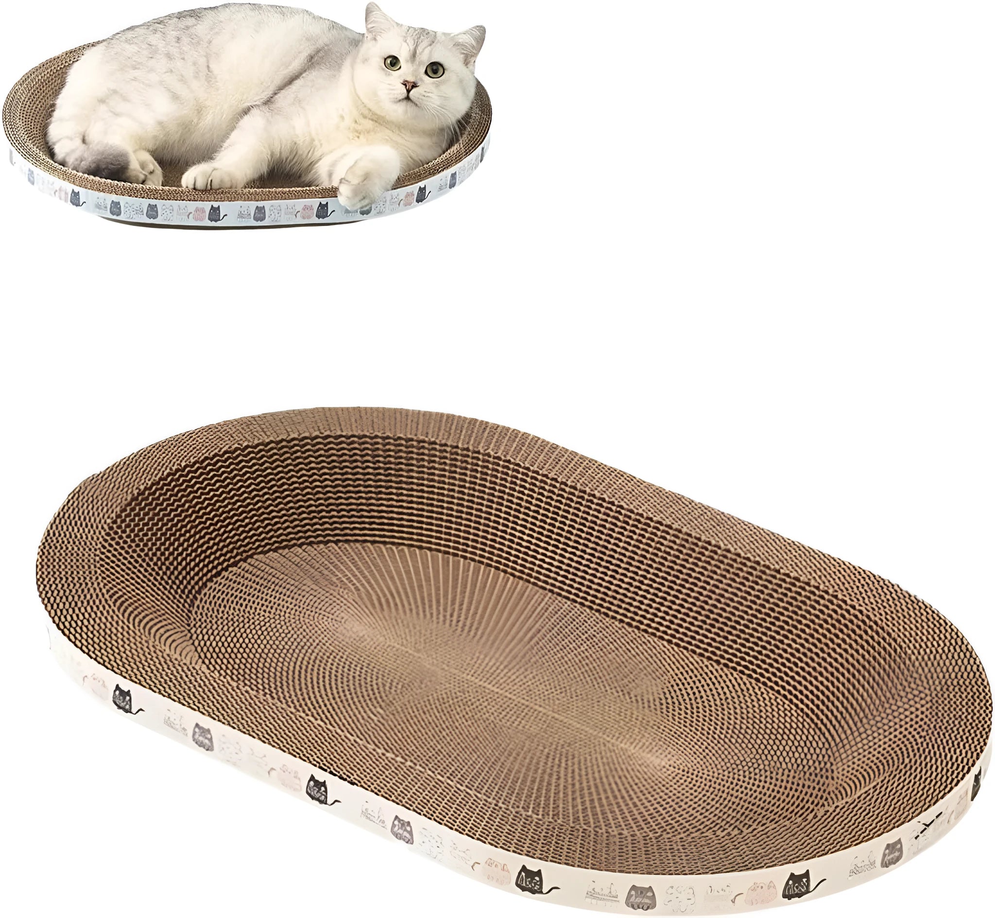 Oval cat scratch bed cardboard cat scratcher 2 in 1 lounger bowl nest for indoor cats, available in four sizes