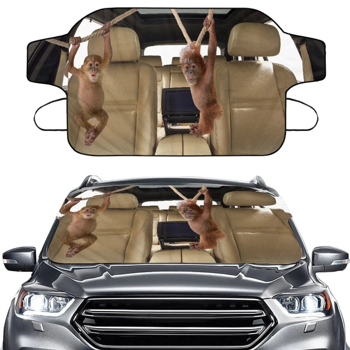 Car front gear snow protection cover showing aluminium film material and lanyard ties for windscreen.